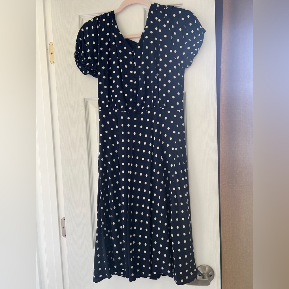 J Crew Navy Blue Polka Dot Puff Short Sleeve Dress